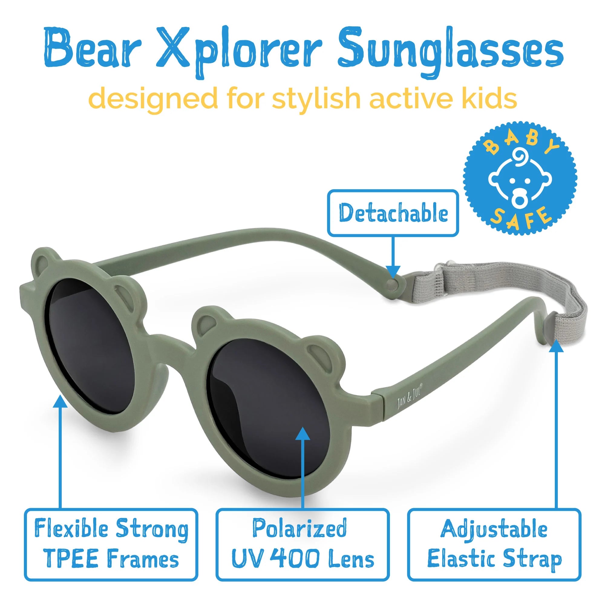 Lunettes de soleil polarisées ourson pour enfants | Vert crocodile