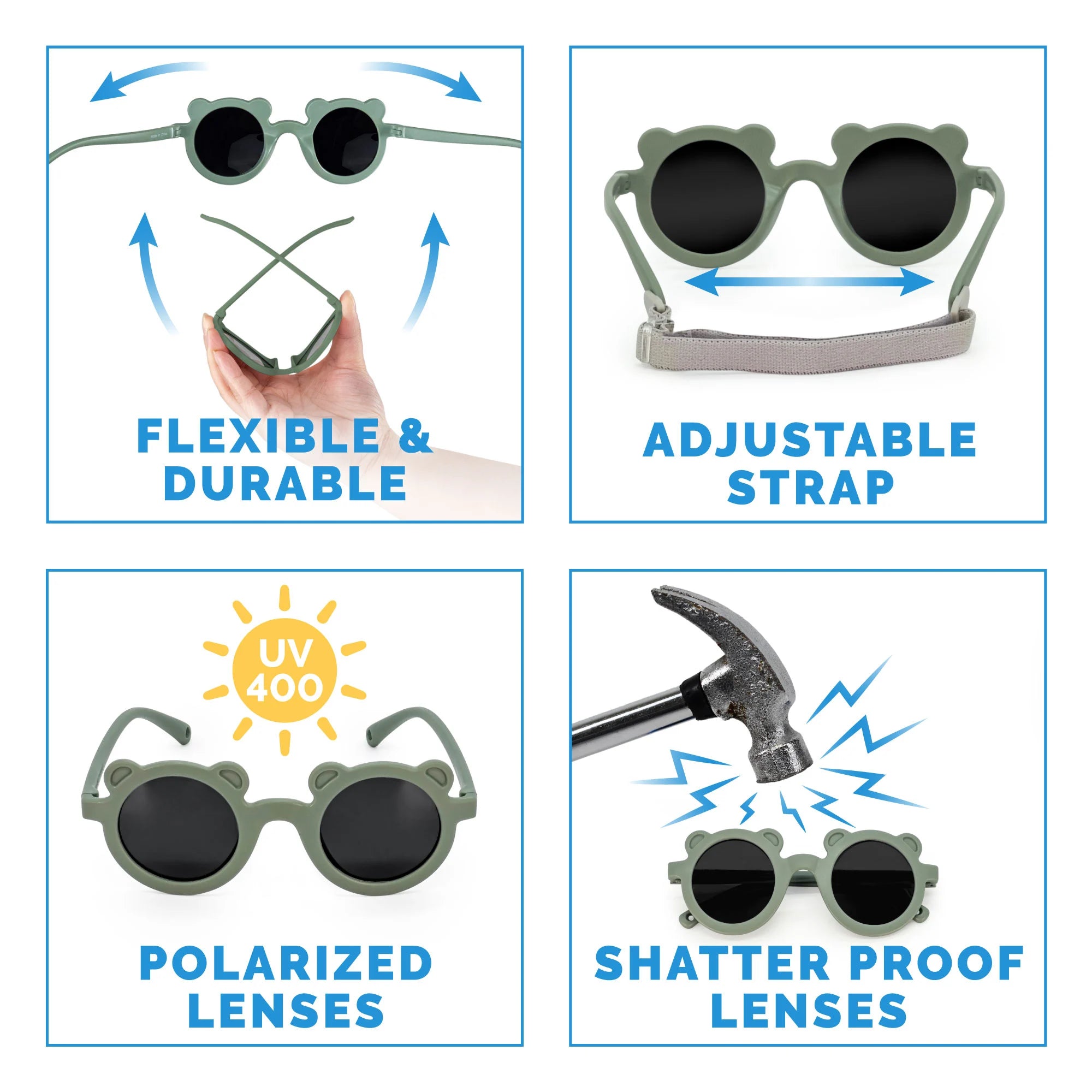 Lunettes de soleil polarisées ourson pour enfants | Vert crocodile