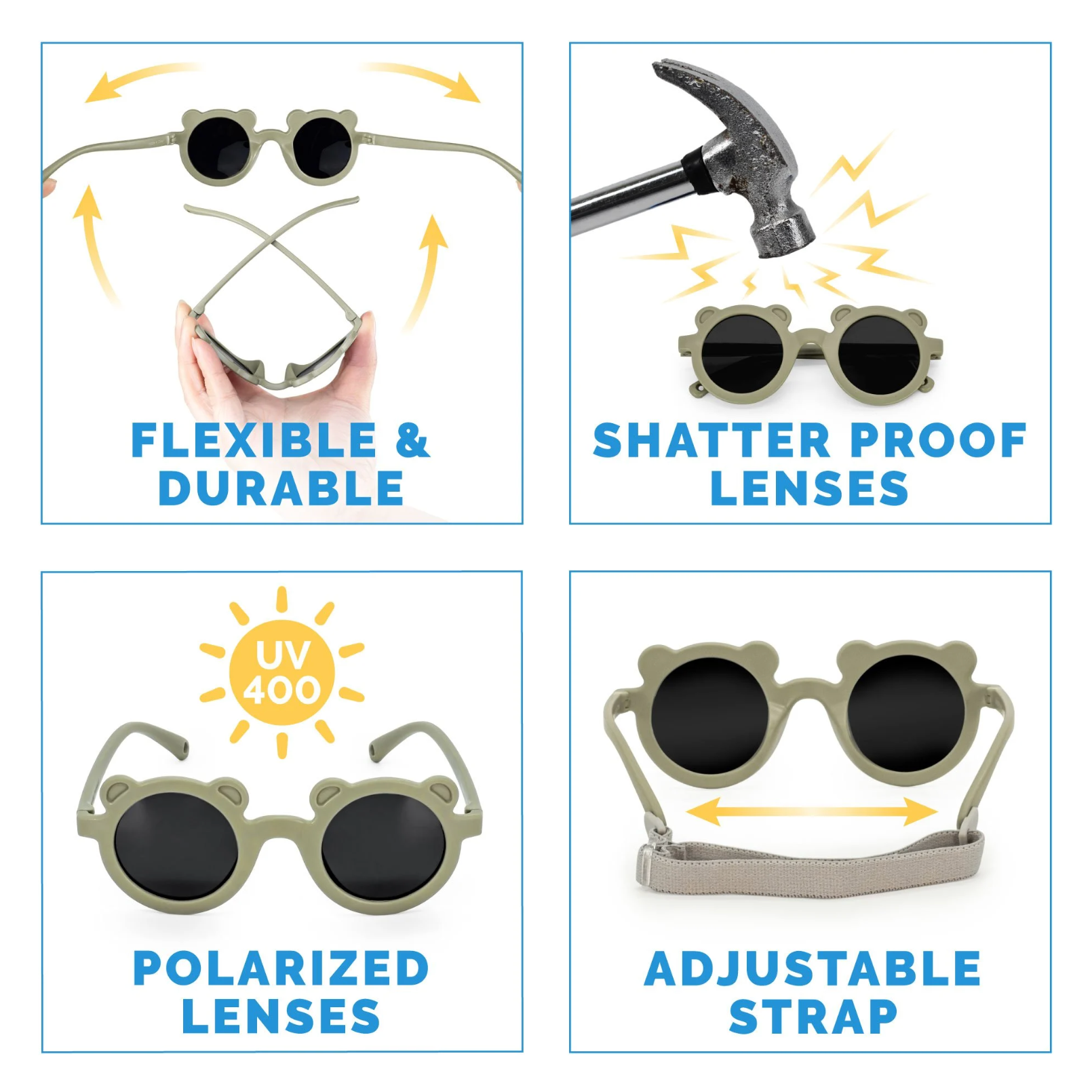 Kids Polarized Bear Sunglasses | Olive Khaki