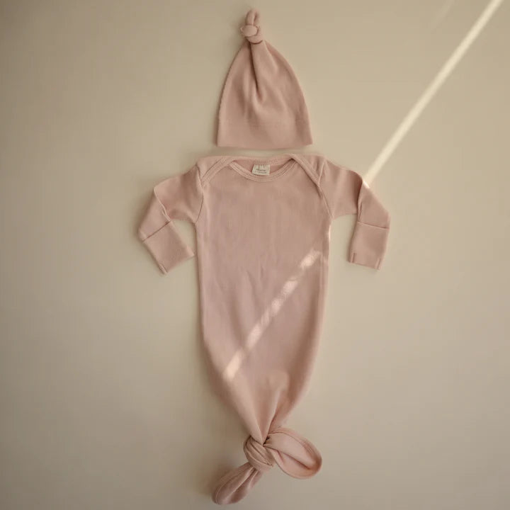 Ribbed Knotted Baby Gown with beanie | Blush