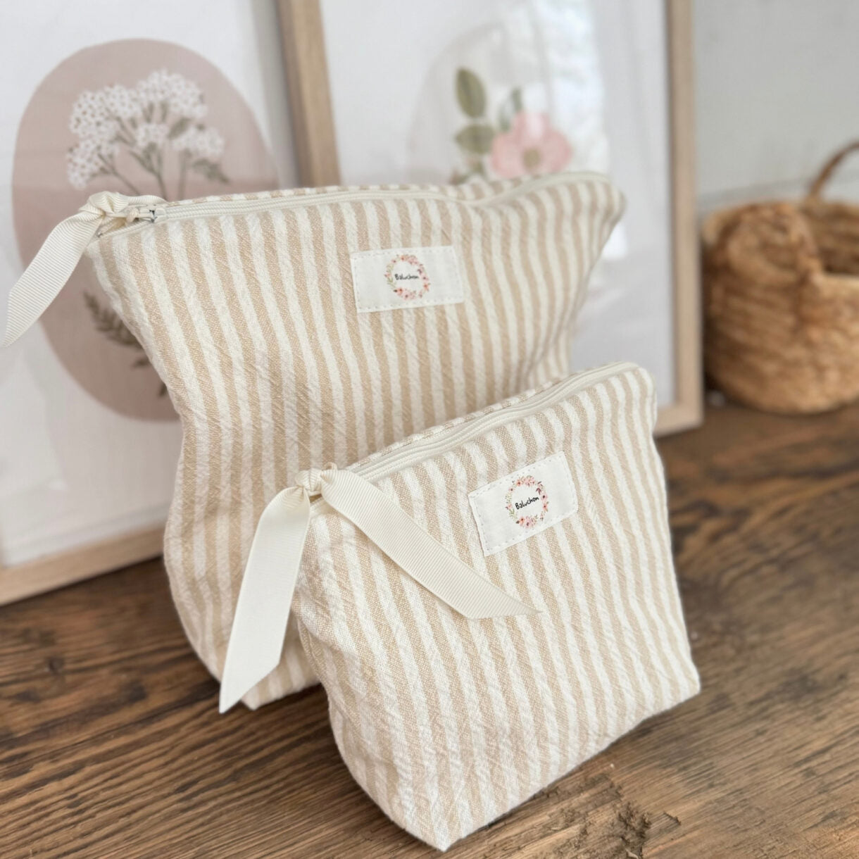 Trousse en coton | Beige ligné