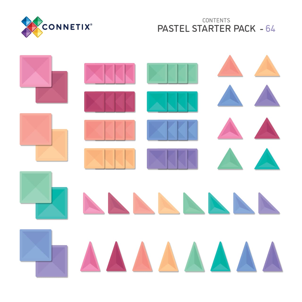 Tuiles magnétiques Connetix | Pastel starter pack | 64 pc