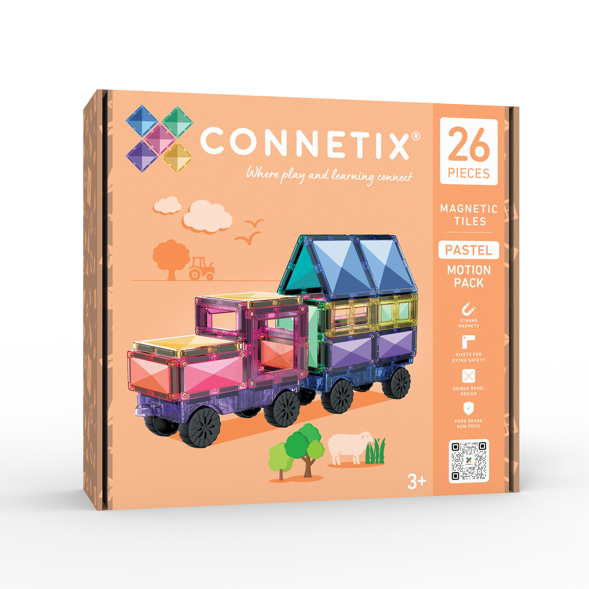 Ensemble Connetix Transport pastel de 26 pièces avec tuiles magnétiques colorées et deux bases à roues en caoutchouc pour construire des véhicules. - Connetix 26 Piece Pastel Motion Pack with colourful magnetic tiles and two rubber-wheel car bases for building moving vehicles.