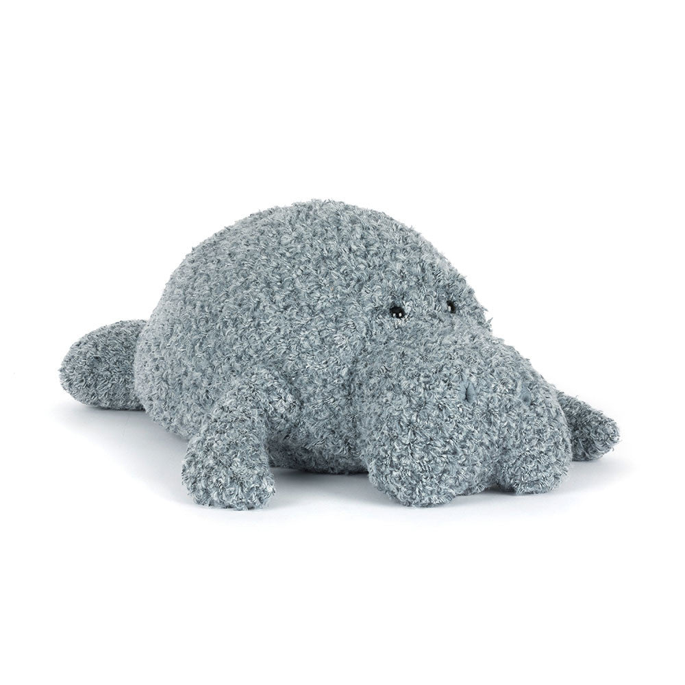 Maffles le lamantin Jellycat en peluche avec corps doux gris, nageoires arrondies et museau brodé – Jellycat Maffles Manatee plush with soft grey body, rounded flippers and embroidered snout – Olie & co