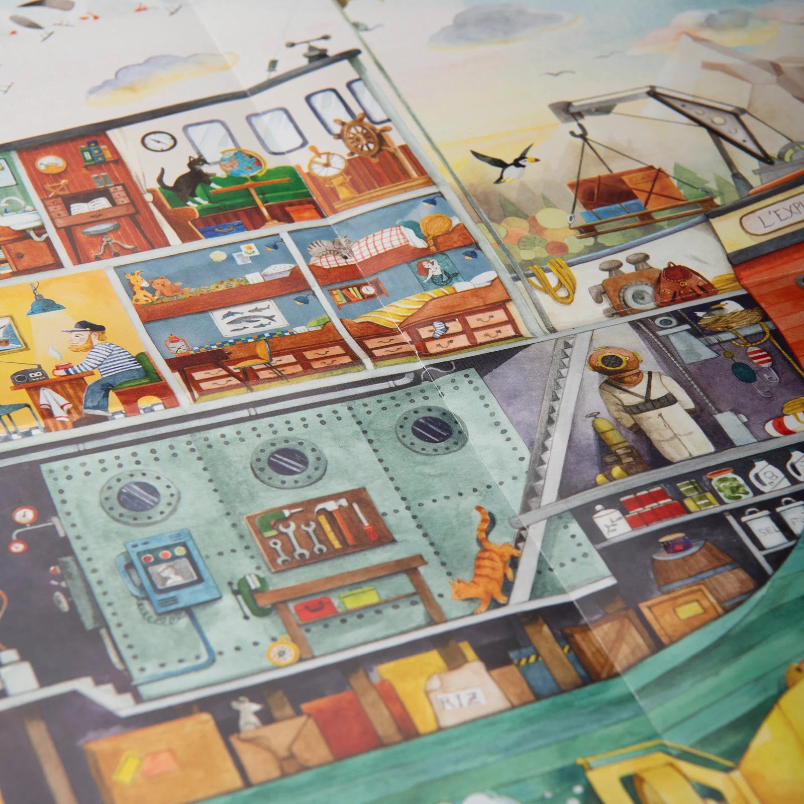 Puzzle explorateur bateau Moulin Roty scène sous-marine poster – explorer boat illustrated sea puzzle for kids by Moulin Roty poster – Olie & co