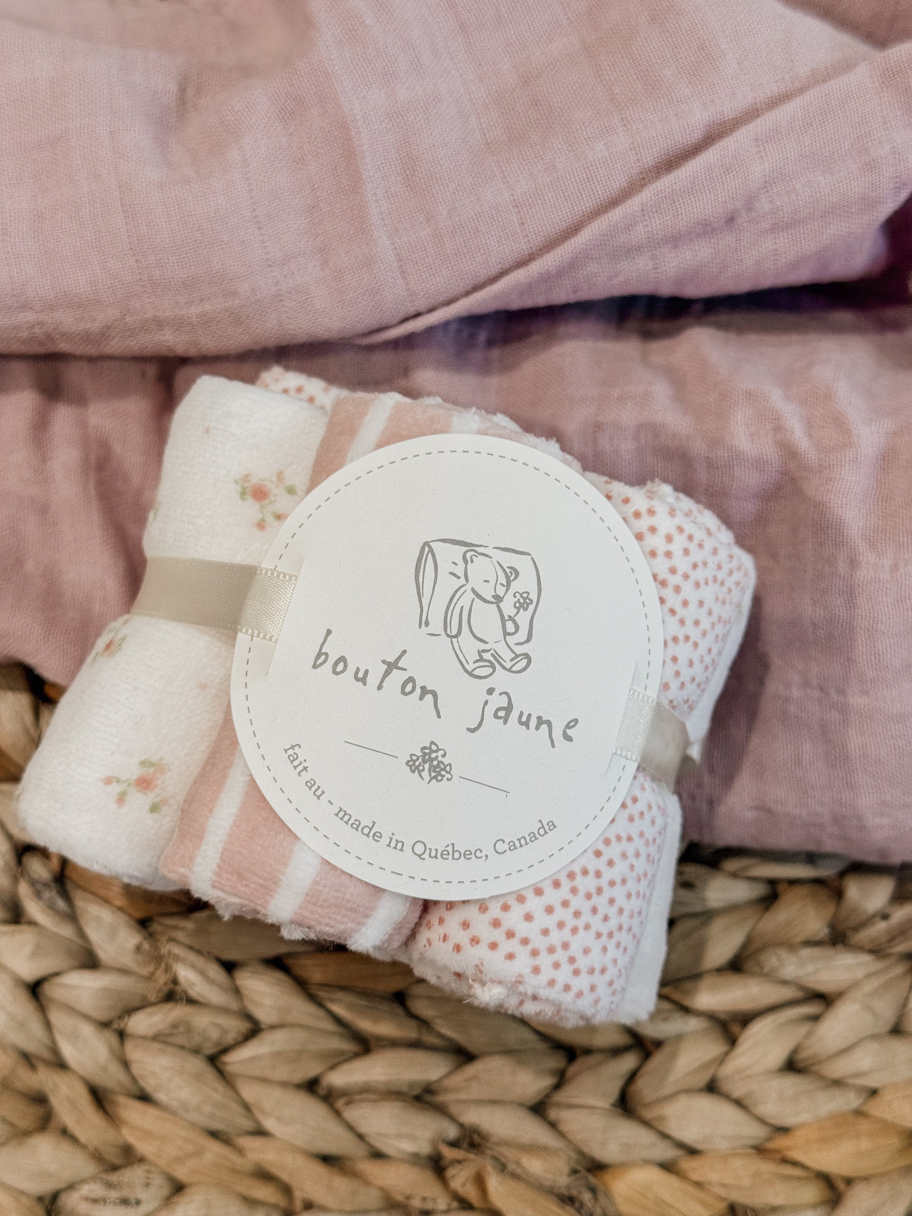 Ensemble de débarbouillettes en ratine de velours | Picotin rose & crème