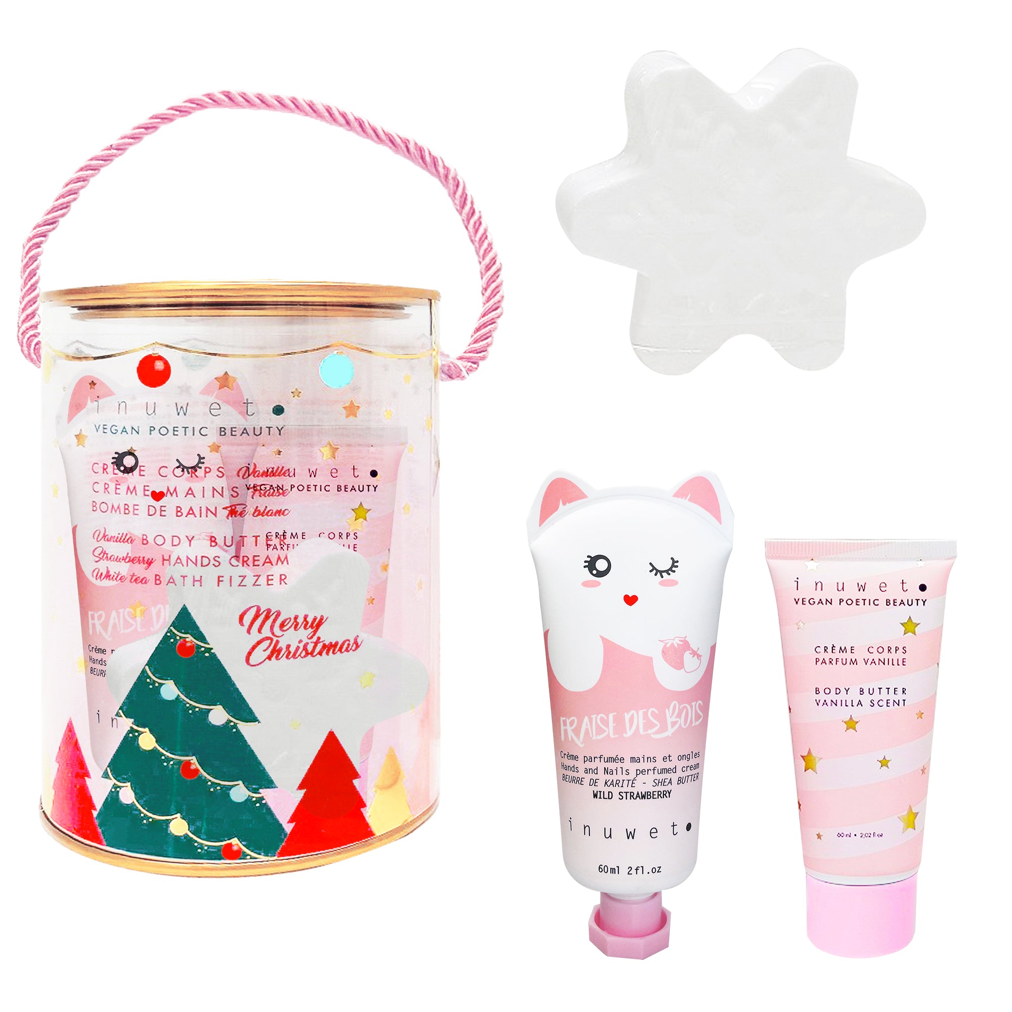 Boîte flocon de neige | Trio bombe de bain, crème à mains fraise & lait de corps