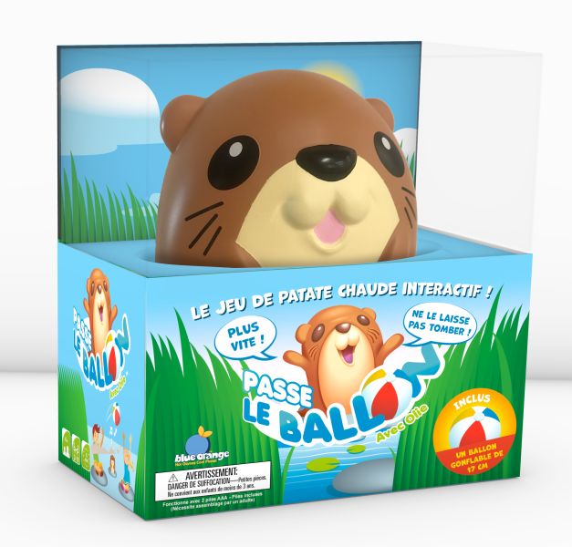 Jeu interactif Passe le ballon Blue Orange avec ballon musical illustré d’une petite loutre - Blue Orange Pass the Ball interactive game with musical ball featuring a little otter character.