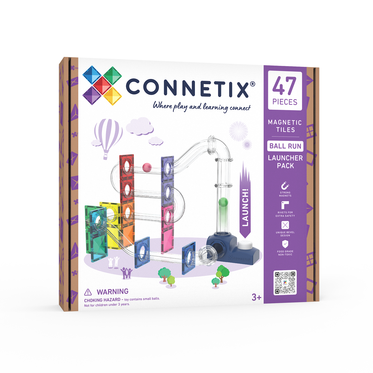 Lanceur pour circuit de balles Connetix avec tubes transparents, pièces de parcours colorées, connecteurs et balles en bois. - Connetix Ball Run Launcher Pack with clear tubes, colourful track pieces, connectors and wooden balls.