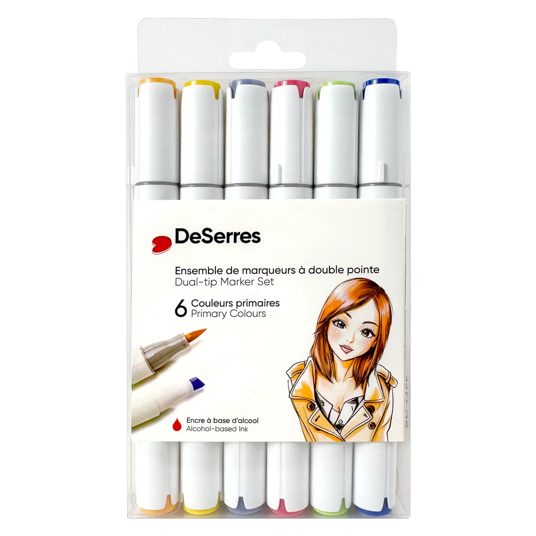 Ensemble de 6 marqueurs à l'alcool double pointe | Couleurs primaires