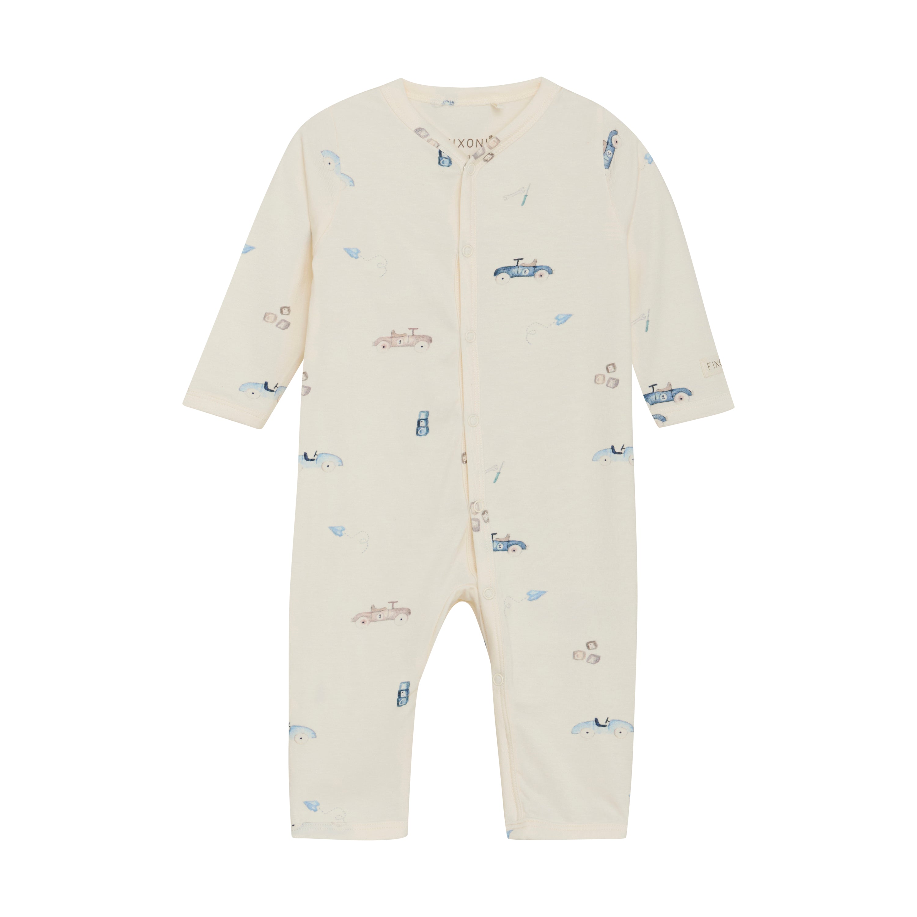 Barboteuse Tencel Voitures vintage sur fond crème Fixoni – douce, respirante et confortable, imprimé rétro, Olie & co