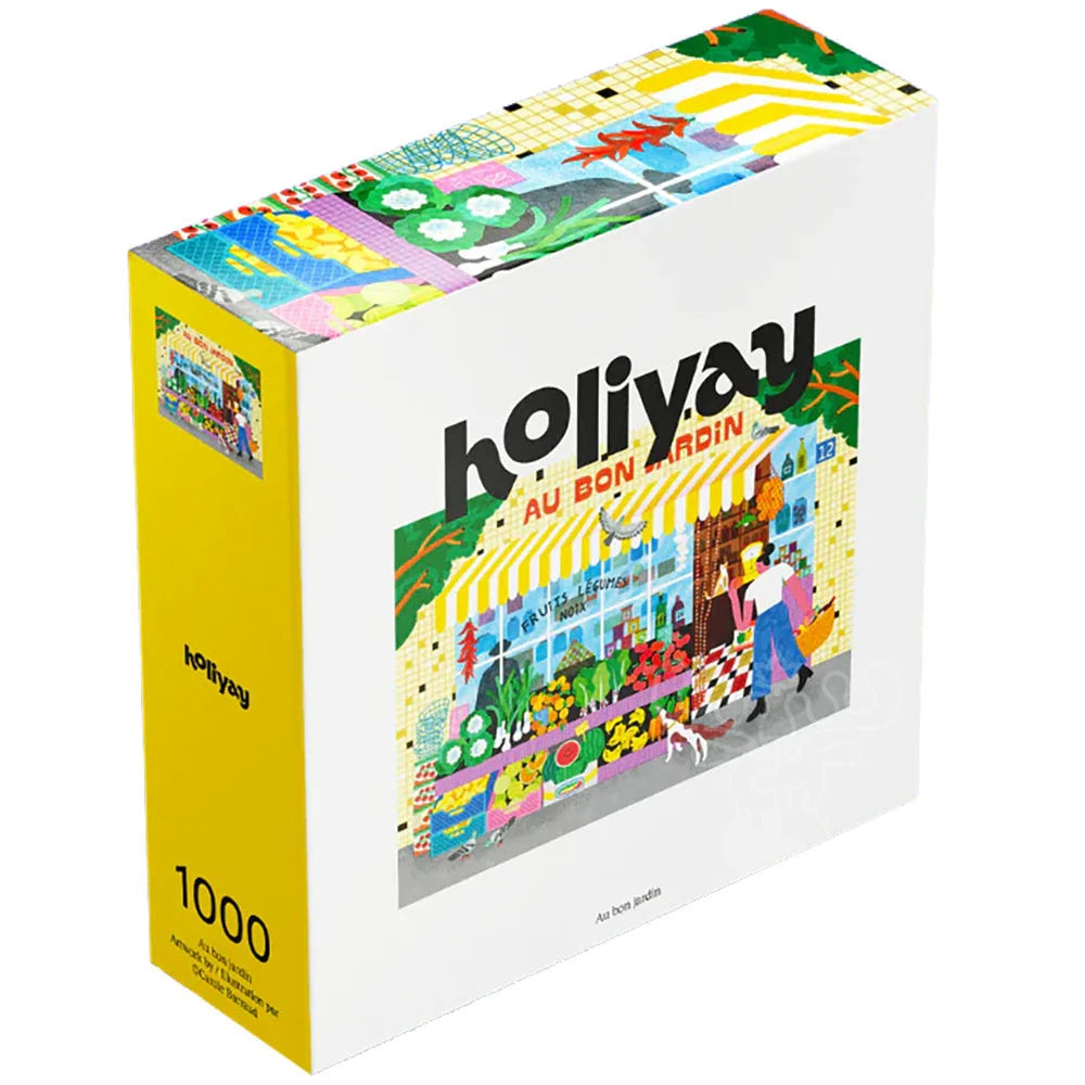 Holiyay Au Marché 1000-piece puzzle illustrated by Carole Barraud with a colourful everyday market scene - Puzzle 1000 morceaux Au Marché de Holiyay illustré par Carole Barraud avec une scène de marché colorée inspirée du quotidien