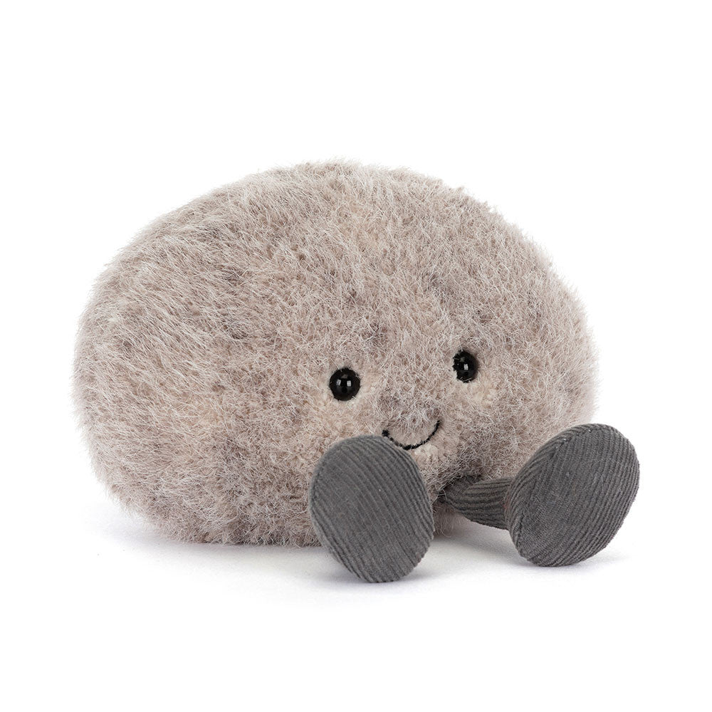Peluche Jellycat Caillou amusant avec forme ronde grise, sourire brodé et petites jambes en corde – Jellycat Funny Pebble plush with round grey shape, stitched smile and cord legs – Olie & co
