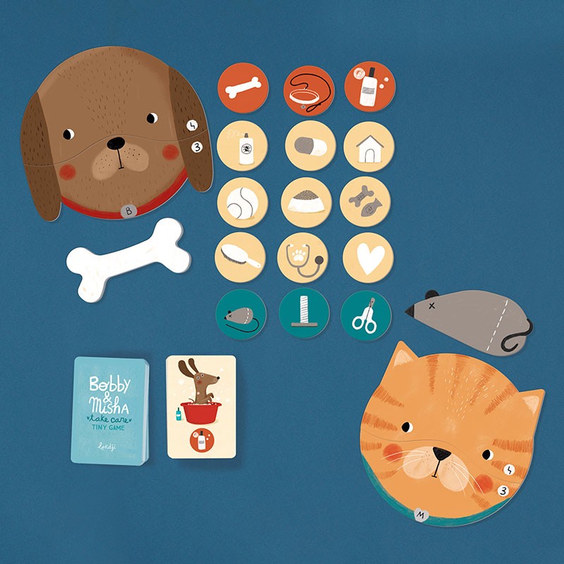 Jeu de mémoire Bobby & Misha Londji avec cartes illustrées chien et chat pour associer et jouer à deux – Londji Bobby & Misha memory game with illustrated dog and cat cards for matching play – Olie & co