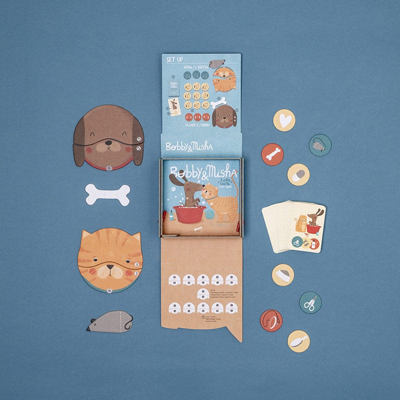 Jeu de mémoire Bobby & Misha Londji avec cartes illustrées chien et chat pour associer et jouer à deux – Londji Bobby & Misha memory game with illustrated dog and cat cards for matching play – Olie & co 
