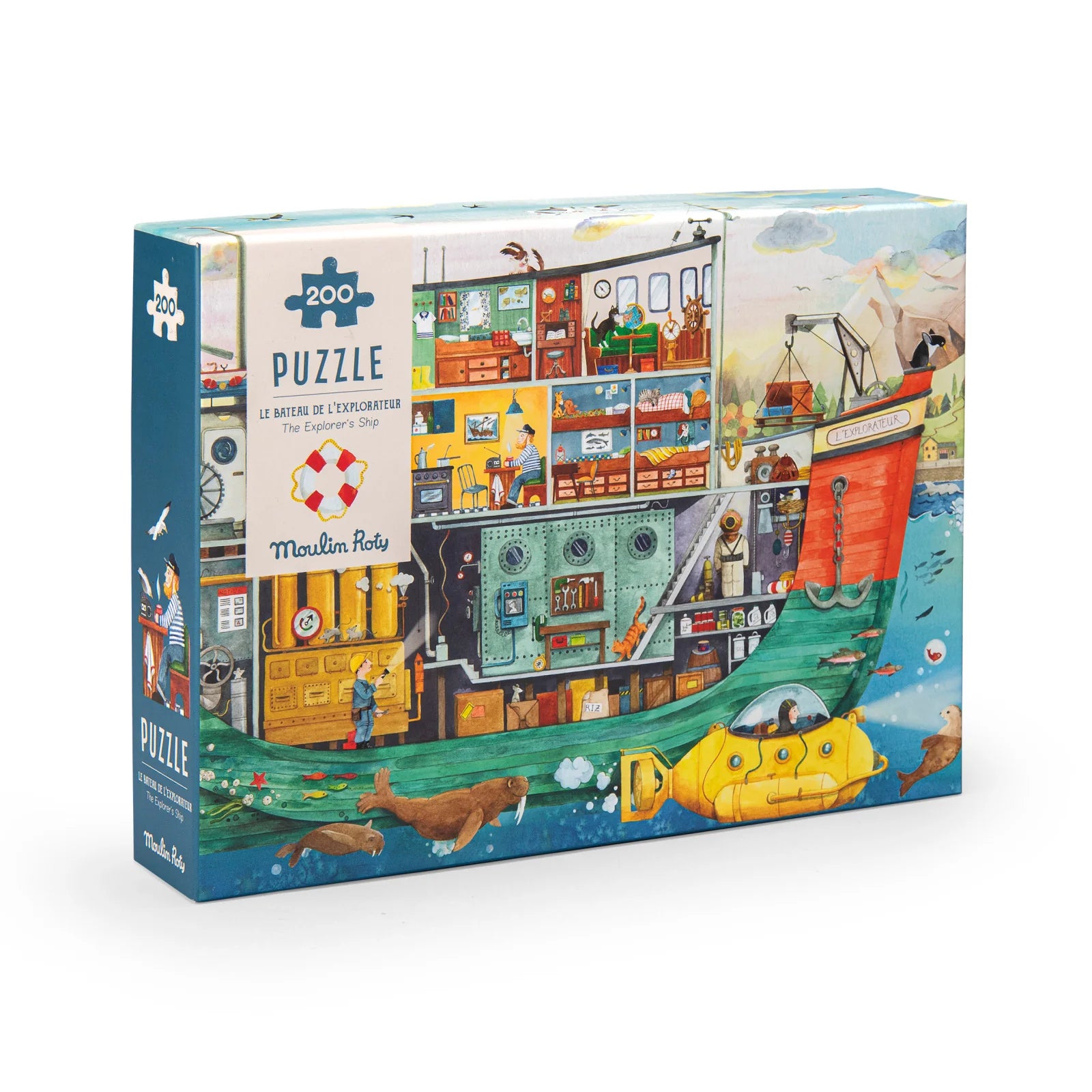 Puzzle explorateur bateau Moulin Roty scène sous-marine – explorer boat illustrated sea puzzle for kids by Moulin Roty – Olie & co
