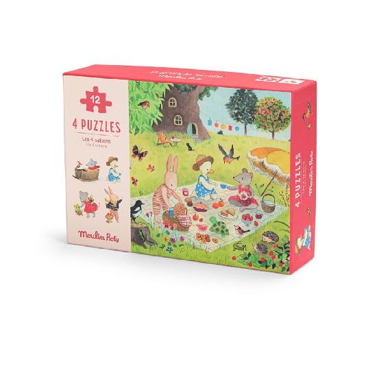 Mini puzzles saisons La grande Famille Moulin Roty – four seasons mini puzzles for kids by Moulin Roty – Olie & co