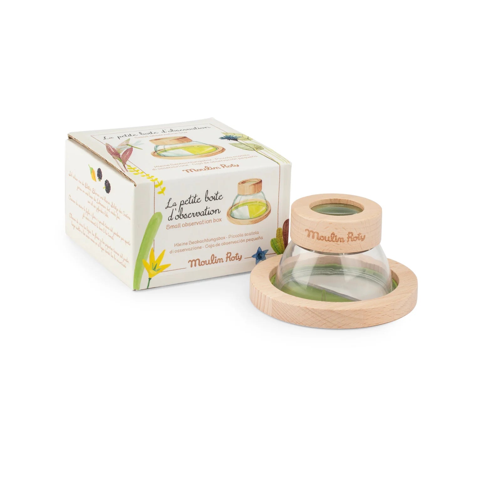 Petite boîte d'exploration Le Botaniste de Moulin Roty avec loupe intégrée pour observer feuilles, fleurs et insectes - Moulin Roty Le Botaniste observation box with 6x magnification for exploring leaves, flowers and insects