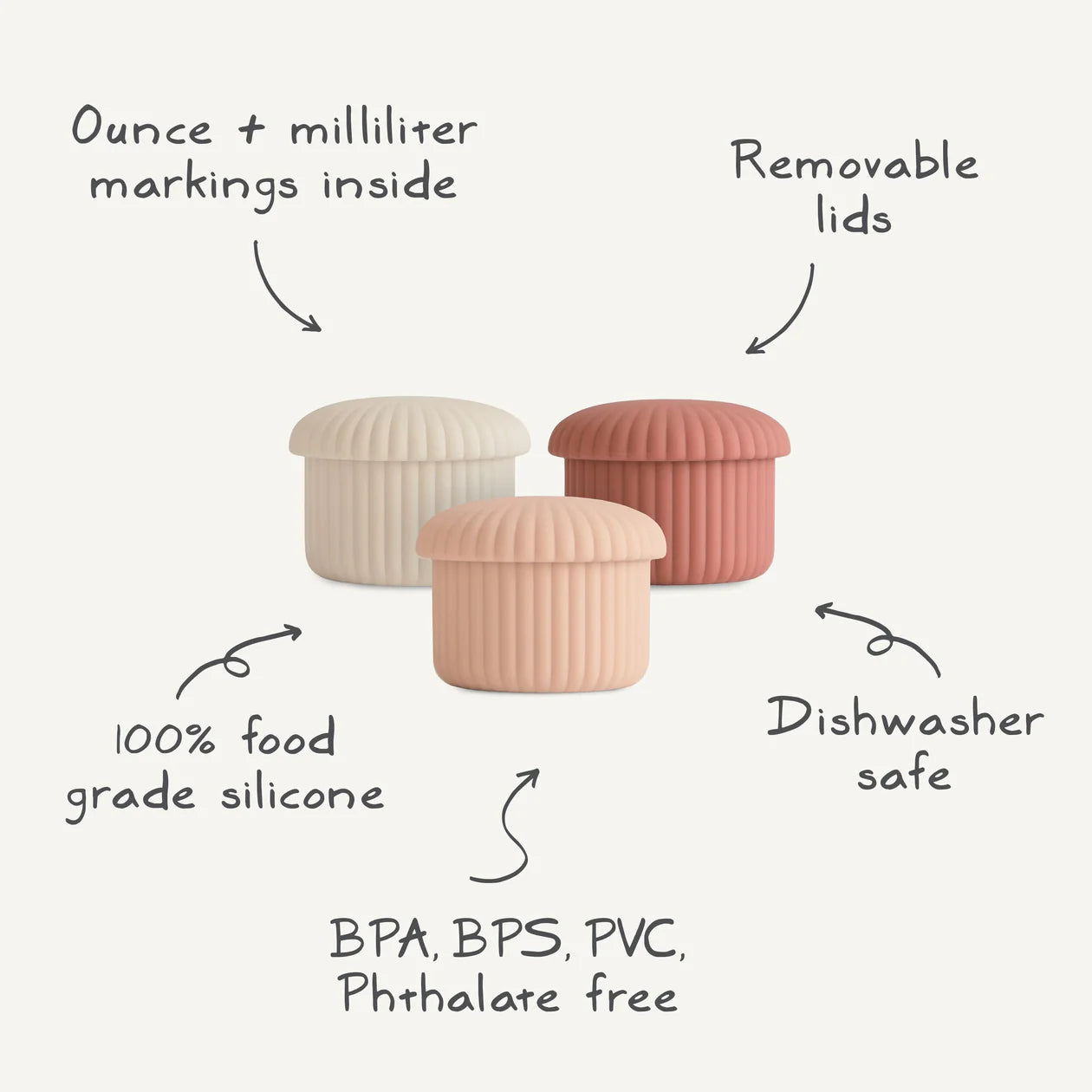 Silicone Baby Food Containers | Dusty rose, blush & shifting sand