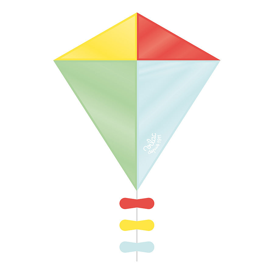 Cerf-volant losange 4 couleurs Vilac avec longue queue volant dans le ciel lors d'une activité extérieure - Vilac four-colour diamond kite with long tail flying outdoors on a windy day